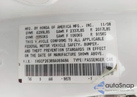 2009 Honda Accord 2.4 Lx из США, поврежденный, VIN 1HGCP26389A069484